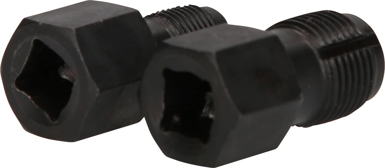 Two black, hexagonal metal bolts with threading, lying side by side. They appear to be part of a machine or bicycle component.