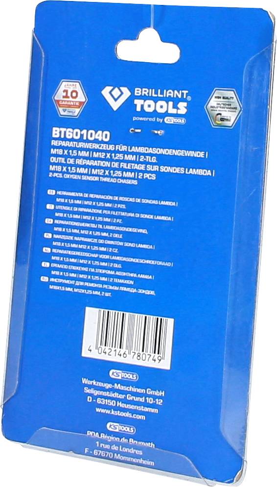 Blister pack of a repair tool for lambda sensors. Product name 'BT601040', brand 'Brilliant Tools'. Contains technical details and manufacturer information.