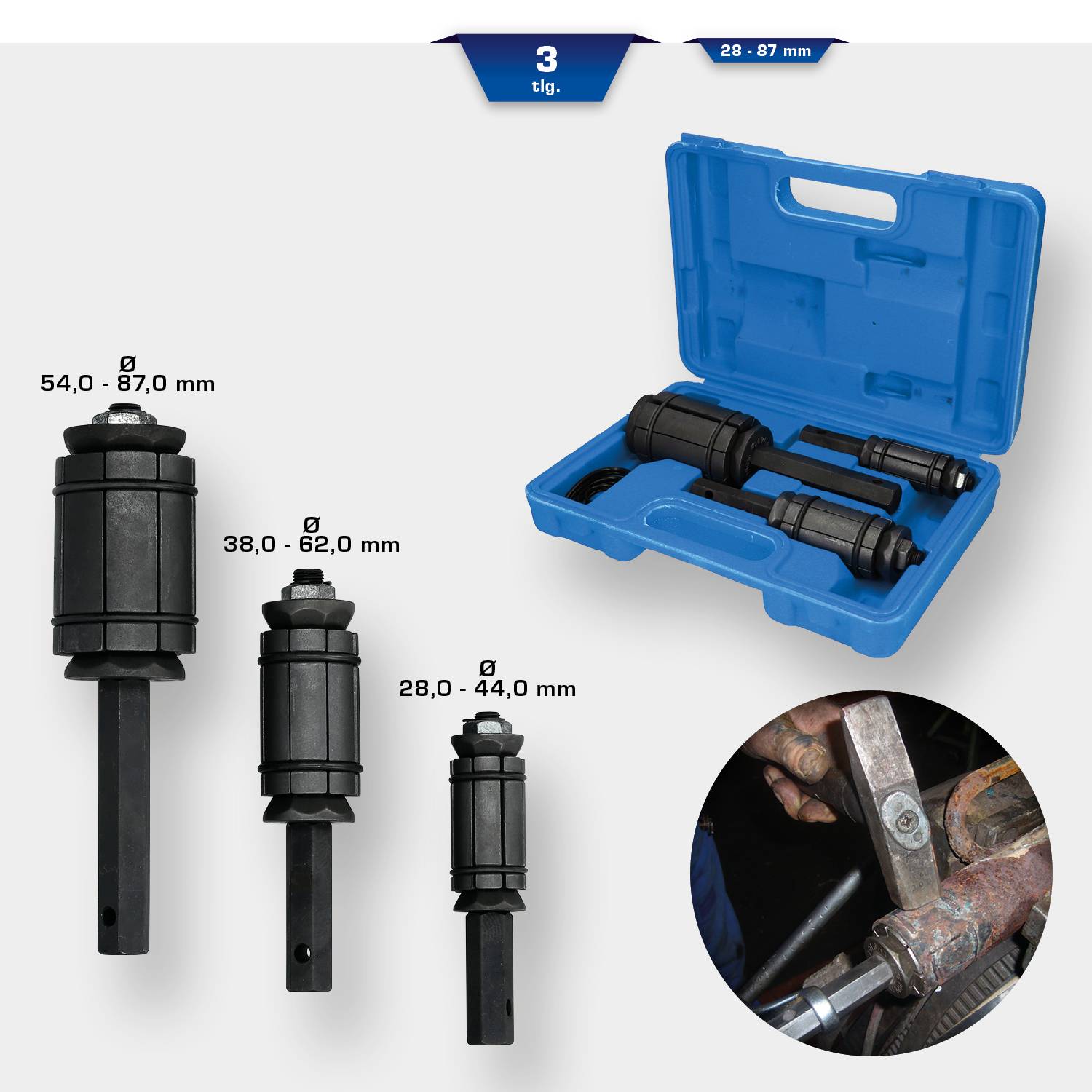 'Three-piece puller set in blue box, sizes: 54-87 mm, 38-62 mm, 28-44 mm. Circular image shows tool in use.'