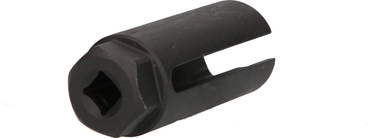 A black cylindrical metal attachment with a circular opening at one end and a hexagonal hole at the other end, possibly a tool or adapter.