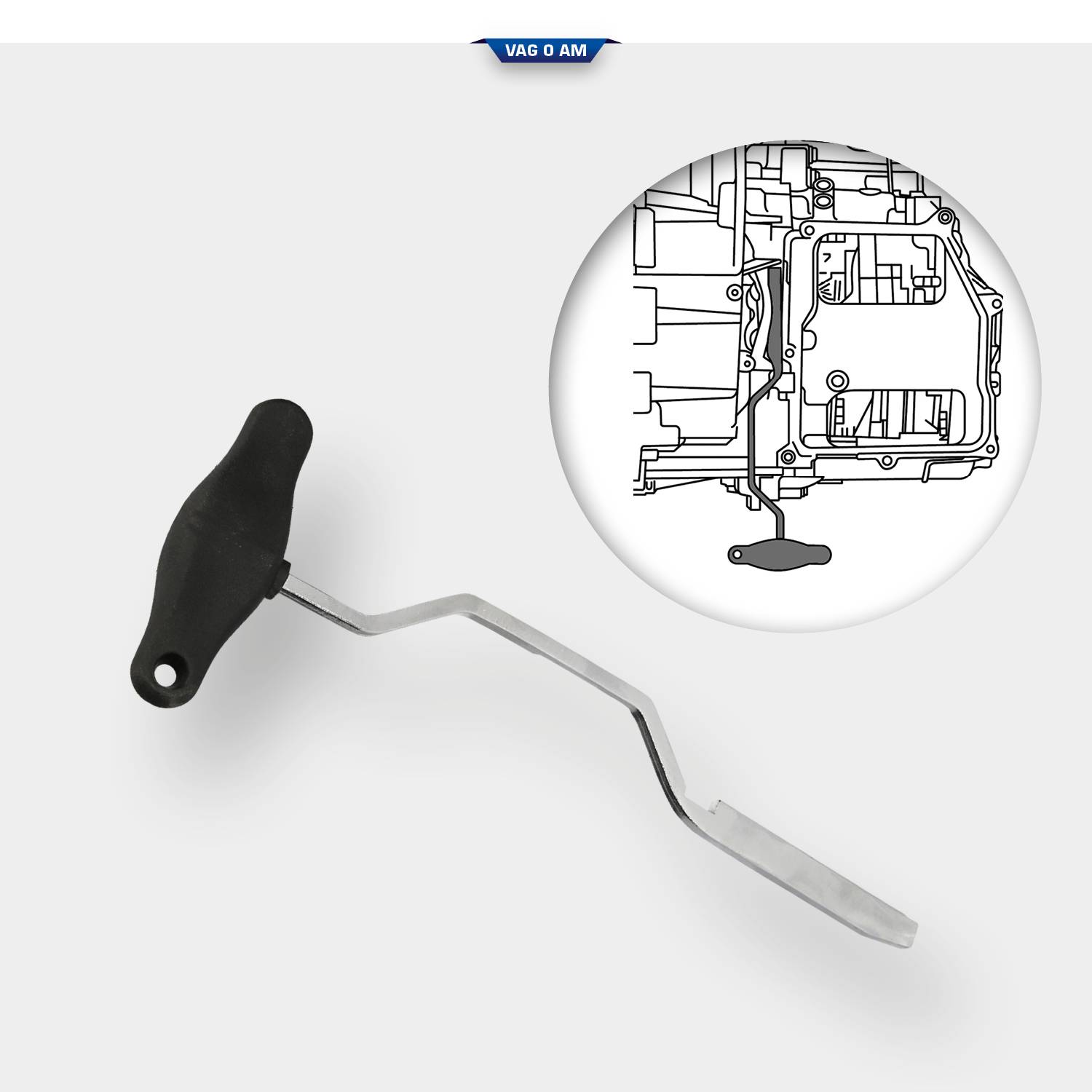 Tool for oil level measurement with handle and metal rod, next to a technical drawing of a gearbox for illustration.