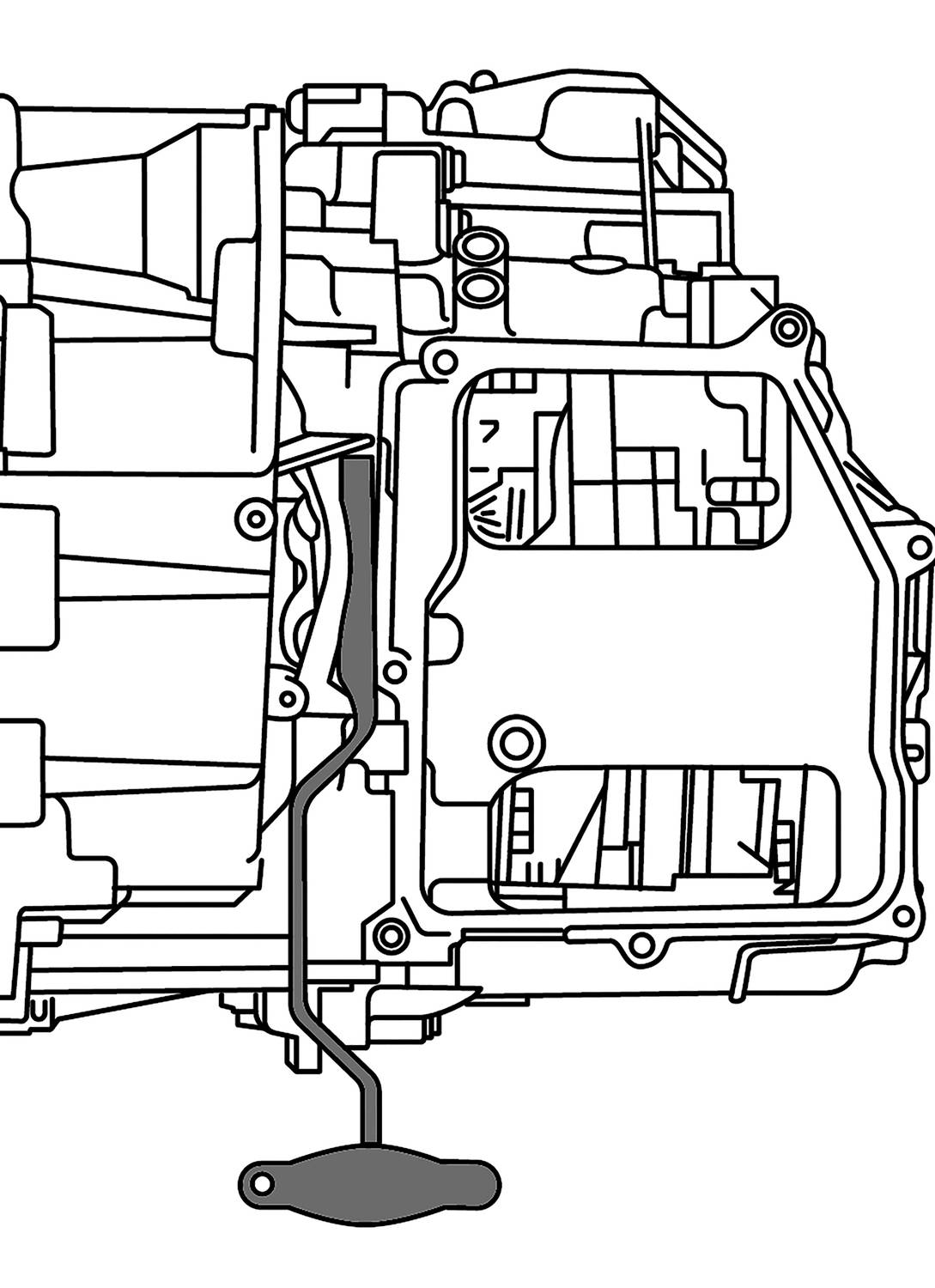 Schematic diagram of an automatic transmission with cross-section view. Details of internal components and a measuring scale are visible.