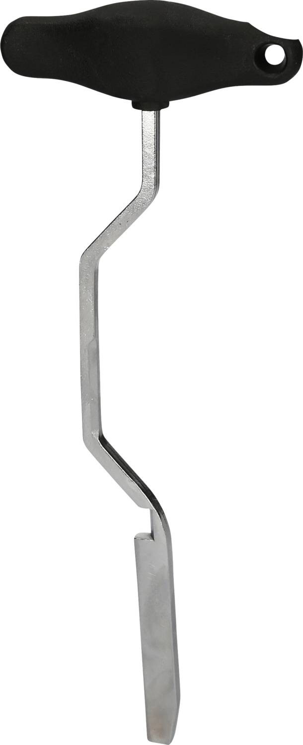 Hand crank with black plastic handle and curved metal rod. Used for manual drive or operation of a device.