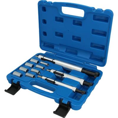 A blue toolbox with an open lid displays several metal tools in custom-fitted compartments.