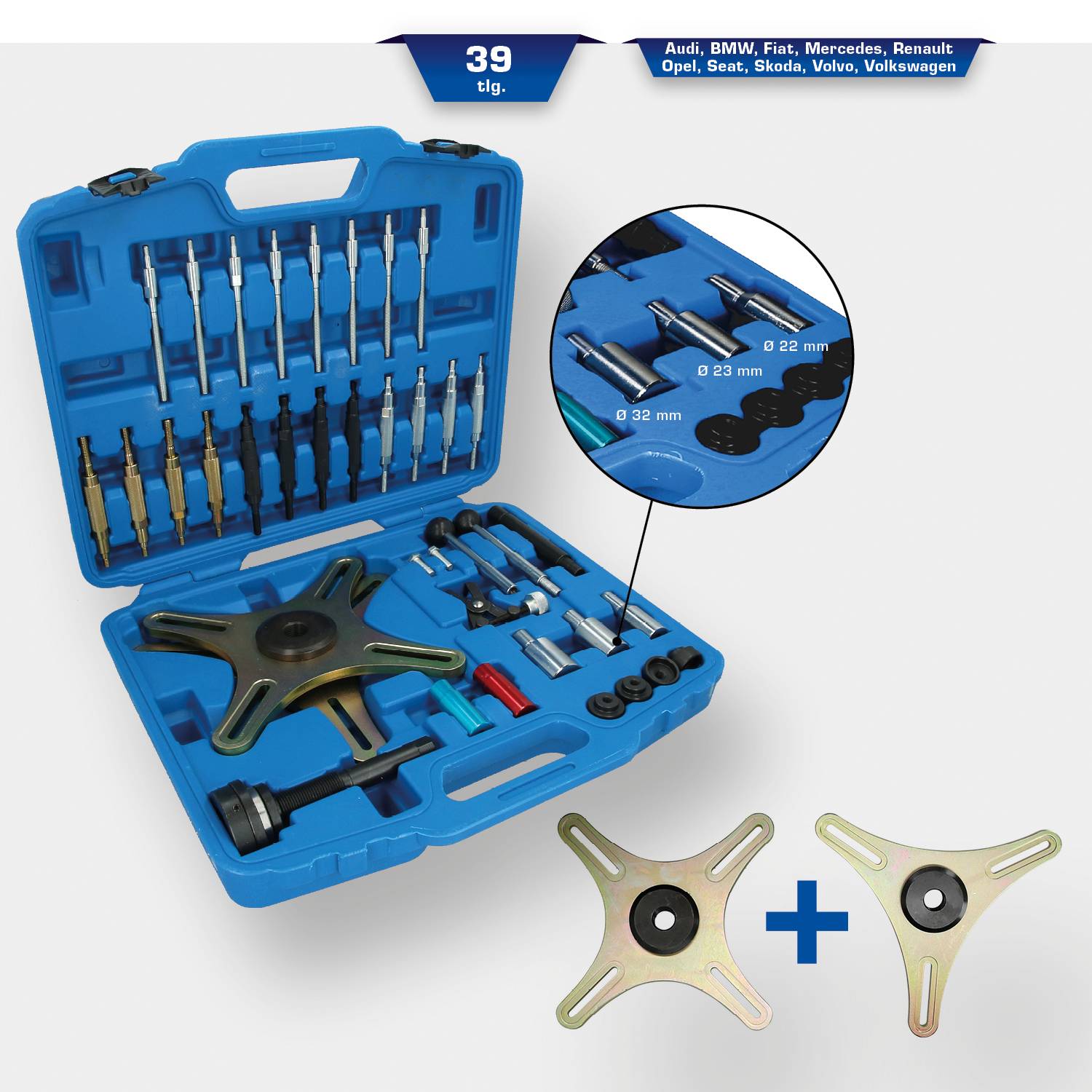 A blue tool case set contains various bits and socket keys for car repairs, compatible with brands such as Audi and BMW.