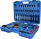 An open blue toolbox with various drill bits, screwdrivers, and a large tool at the front, ready for use.