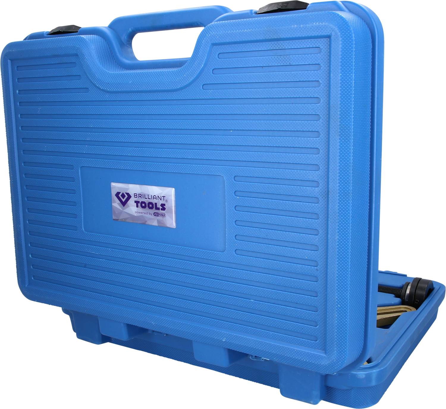 Blue tool case with a handle, slightly open. Contains various tools, identifiable by parts peeking out of the opening.