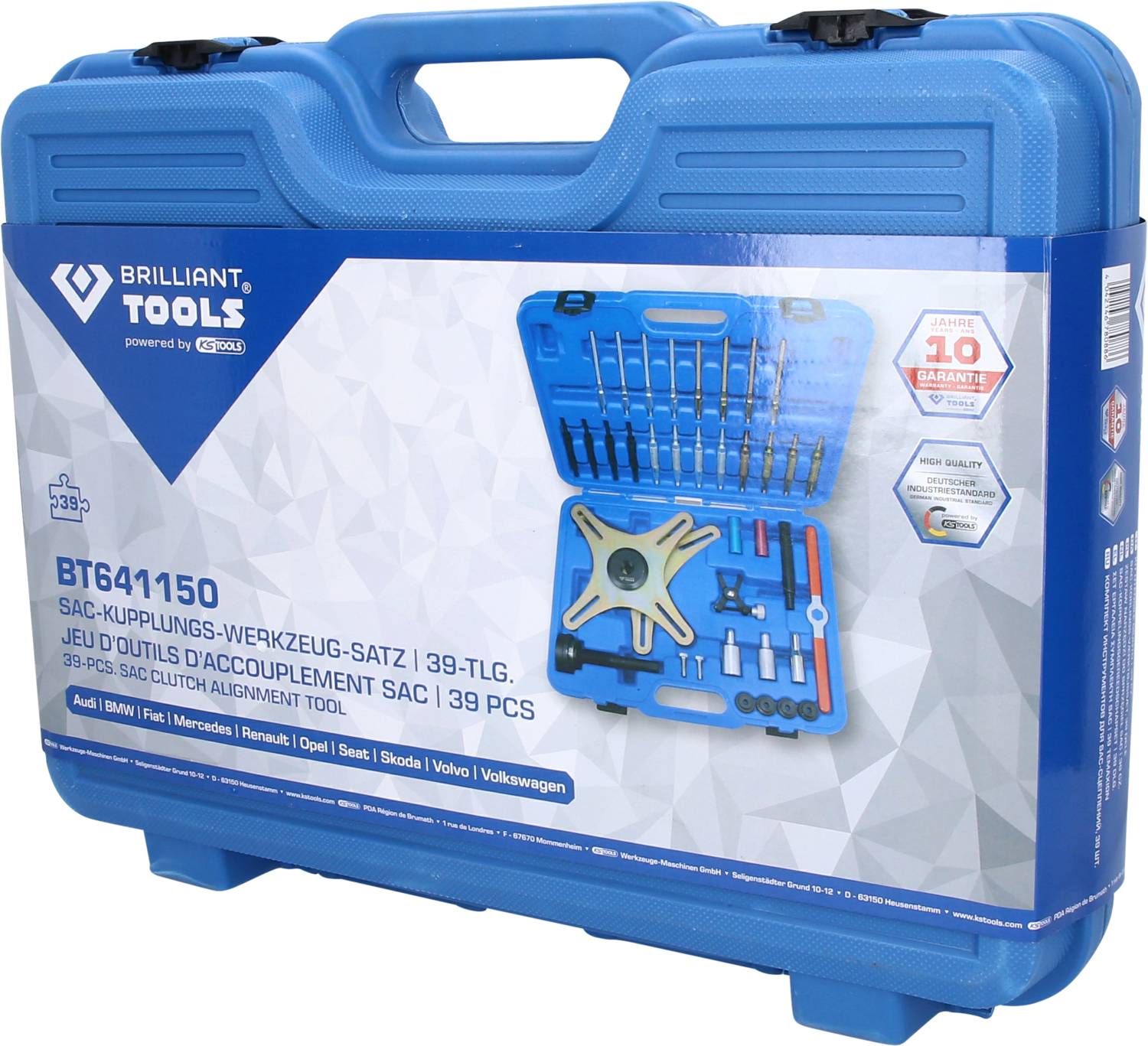 Blue toolbox with the inscription 'SAC Clutch Tool Set, 39-piece'. Contains various tools for clutch alignment.