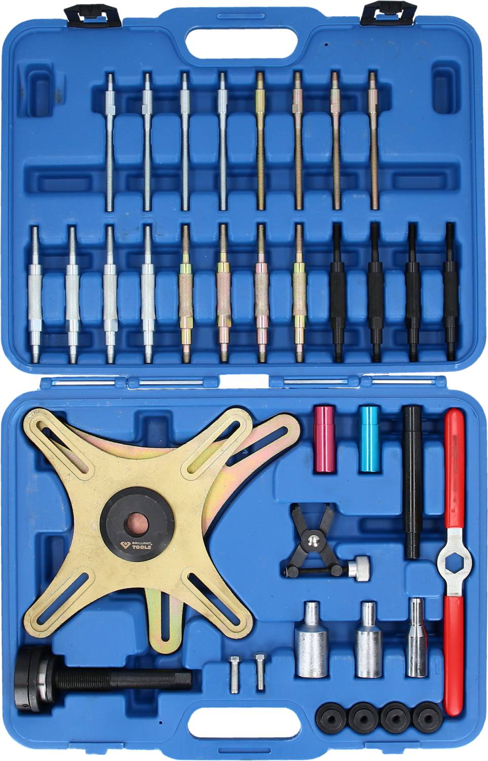 Hole repair kit in blue case, containing various tools and adapters. Ideal for mechanical repairs or assembly work.
