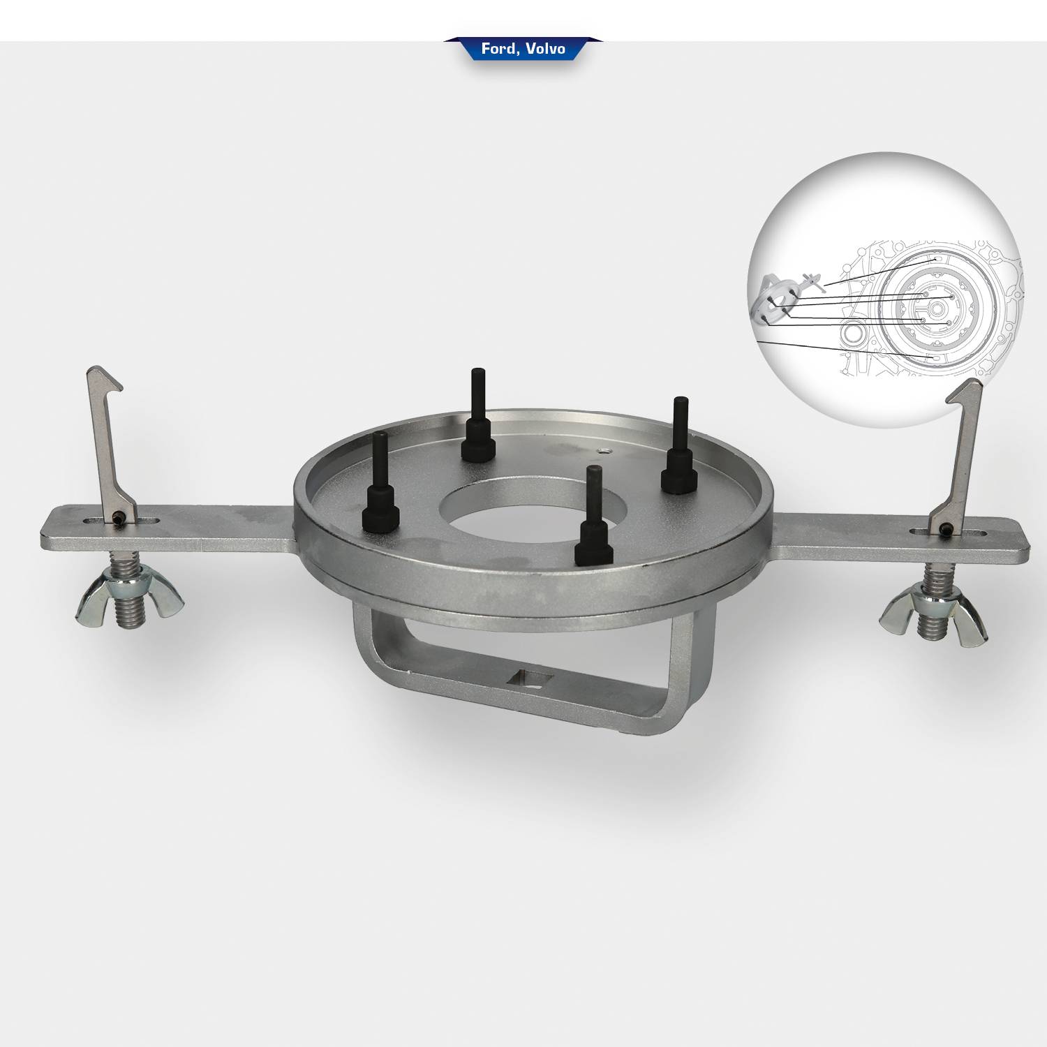Tool for securing crankshafts, compatible with Ford and Volvo. Provides precise instructions for engine adjustment.