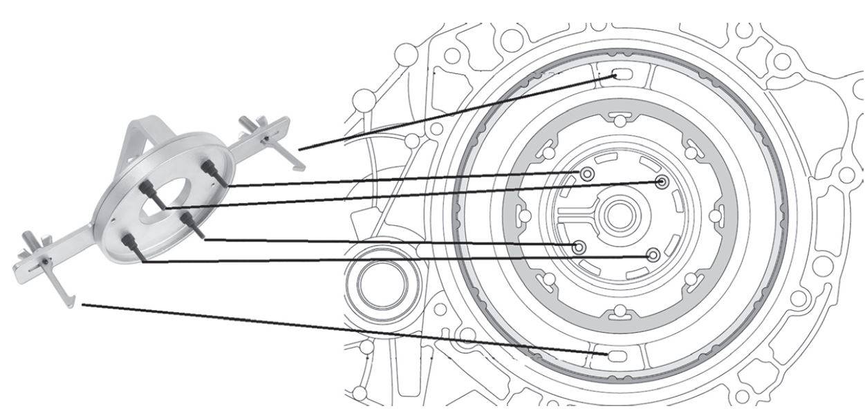 Detailed technical drawing of a transmission component with marked components showing the functions and positions of the part.