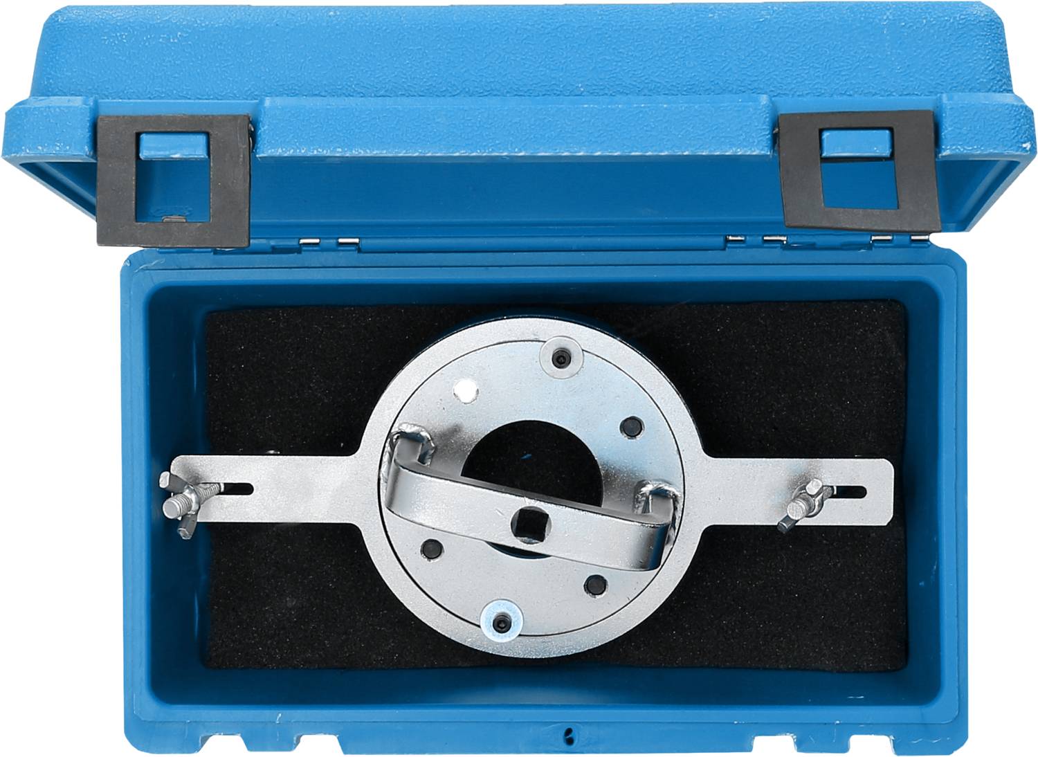 Metal tool in a blue plastic box. The tool has round and straight parts and is seated in a black foam insert.