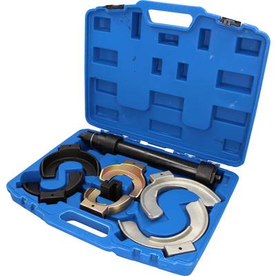 A blue toolbox contains various metal tools and adapters used for alignment and repair.