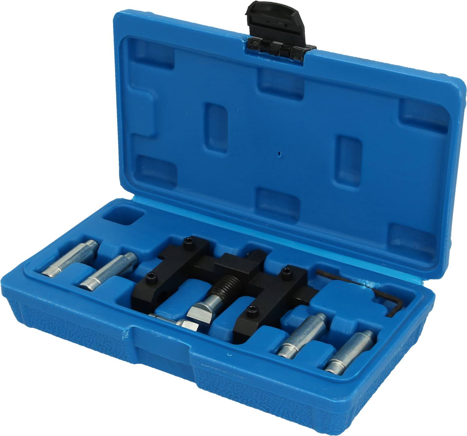 Blue tool case with black tools and multiple metal parts neatly arranged in custom compartments.