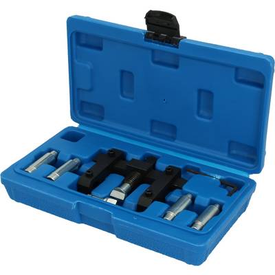 Blue tool case with black tools and multiple metal parts neatly arranged in custom compartments.