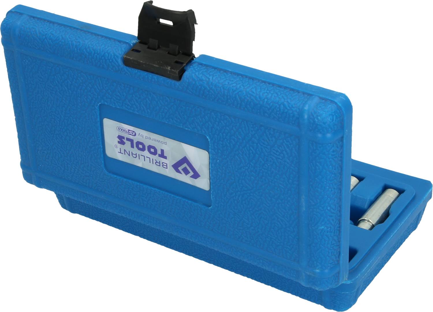 Blue toolbox with visible metal components and a "Brilliant Tools" sticker on the front.