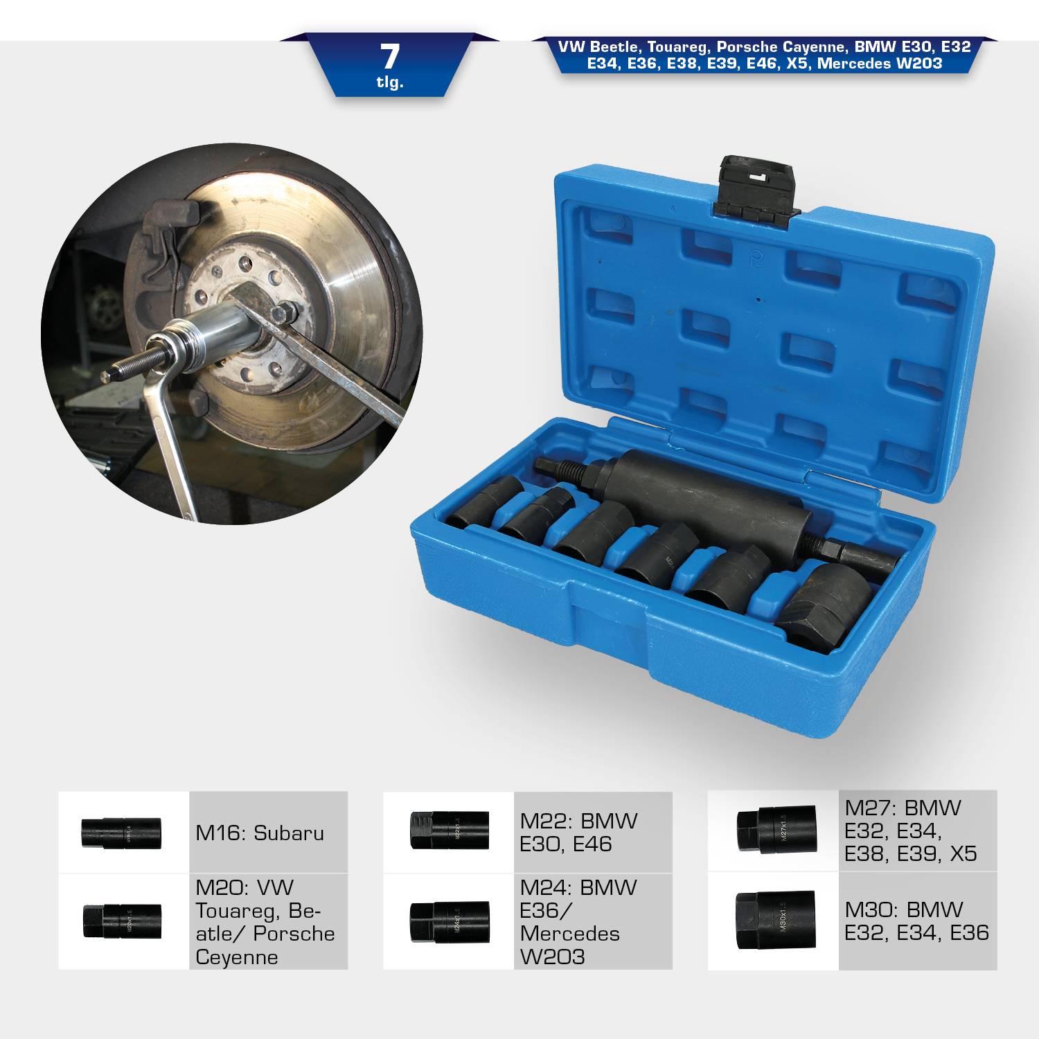 'Set of spanners in a blue case, with various size specifications suitable for models from VW, Subaru and Mercedes.'
