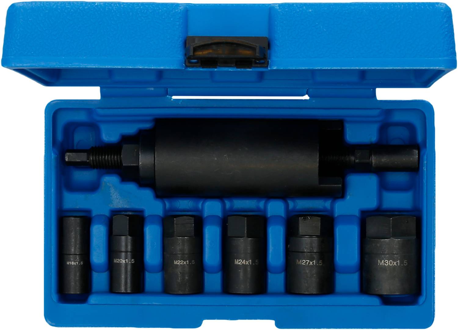 A set of seven black extractors in various sizes in a blue plastic case.