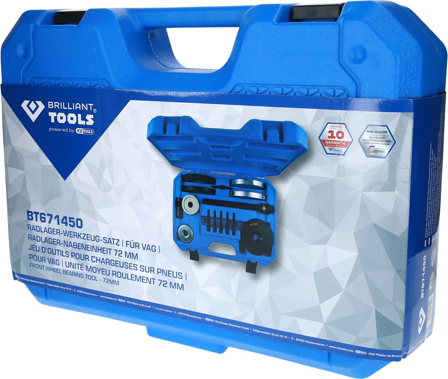 Blue toolbox with wheel bearing removal tool set. Inscription 'Brilliant Tools', with VW logo, part number BT671450.