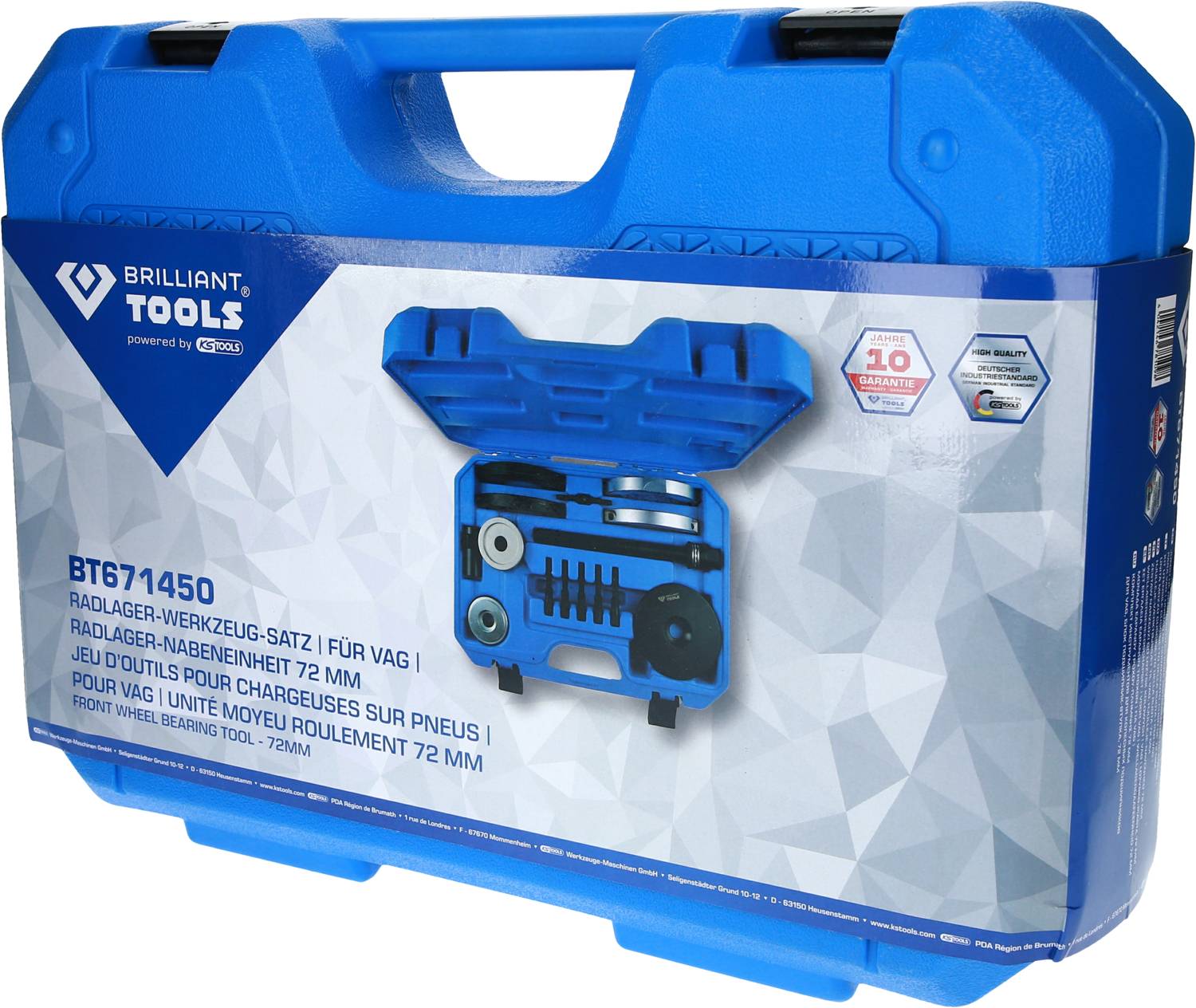 Blue Case with Wheel Bearing Tool Set, suitable for VAG. Contains tools for installation and removal of wheel bearings, 72 mm.