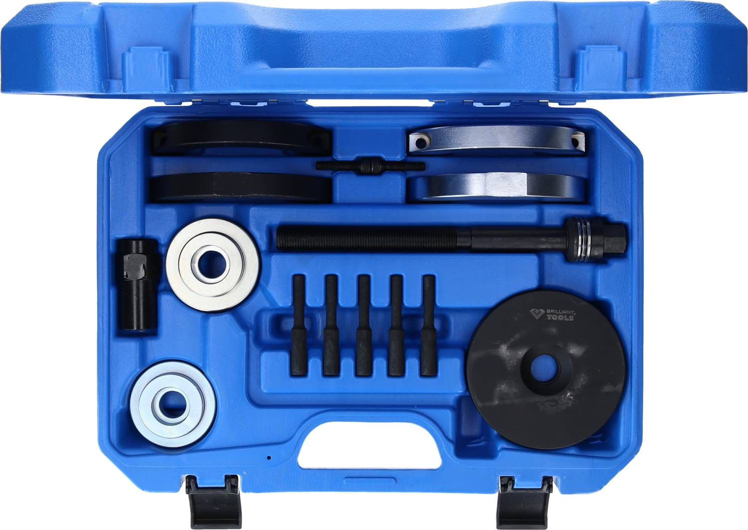 A blue toolbox with various bicycle hub repair components: bearings, spindle, screws, and adapters.