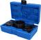 'Blue plastic toolbox opened, showing tools for assembling or repairing vehicle parts.'