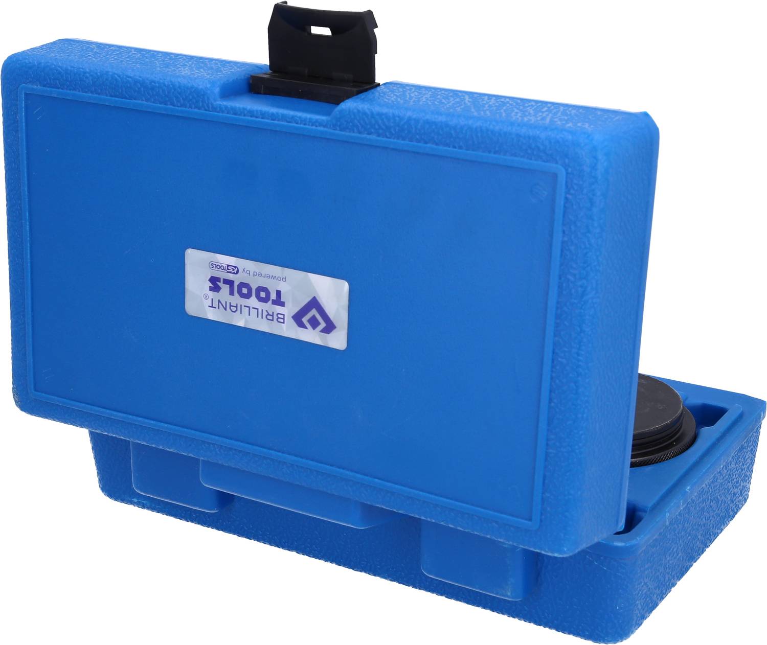 Blue tool case with 'BRILLIANT Tools' logo on the front. The case is partially open, showing the lid and interior.