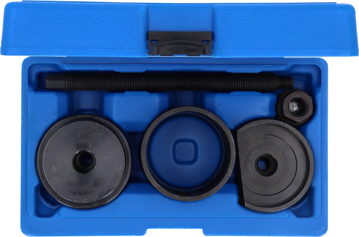 A blue plastic case containing various round metal parts and a long rod, used for vehicle repair.