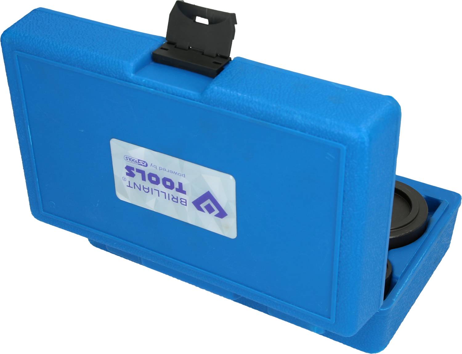 An open blue tool case with the inscription 'Brilliant Tools', containing tools.