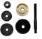 Vehicle tool set with six round components, including threaded rod and various adapters, for bearing installation or removal.