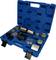 Tool kit with various metal tools for car repair, neatly arranged in a blue plastic box.