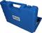 Blue toolbox with carry handle, partially open, containing various tools.