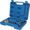 Blue plastic toolbox with various metal tools and discs, suitable for automotive repair or assembly work.