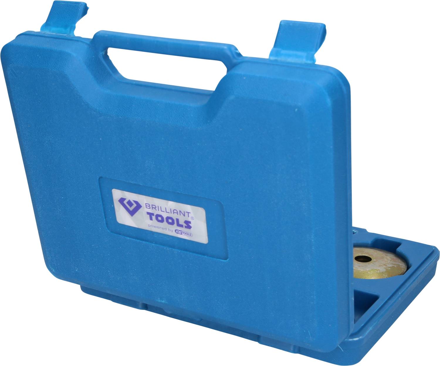 Blue plastic toolbox with 'Brilliant Tools' printed on it, slightly open. Metallic tool component visible inside.
