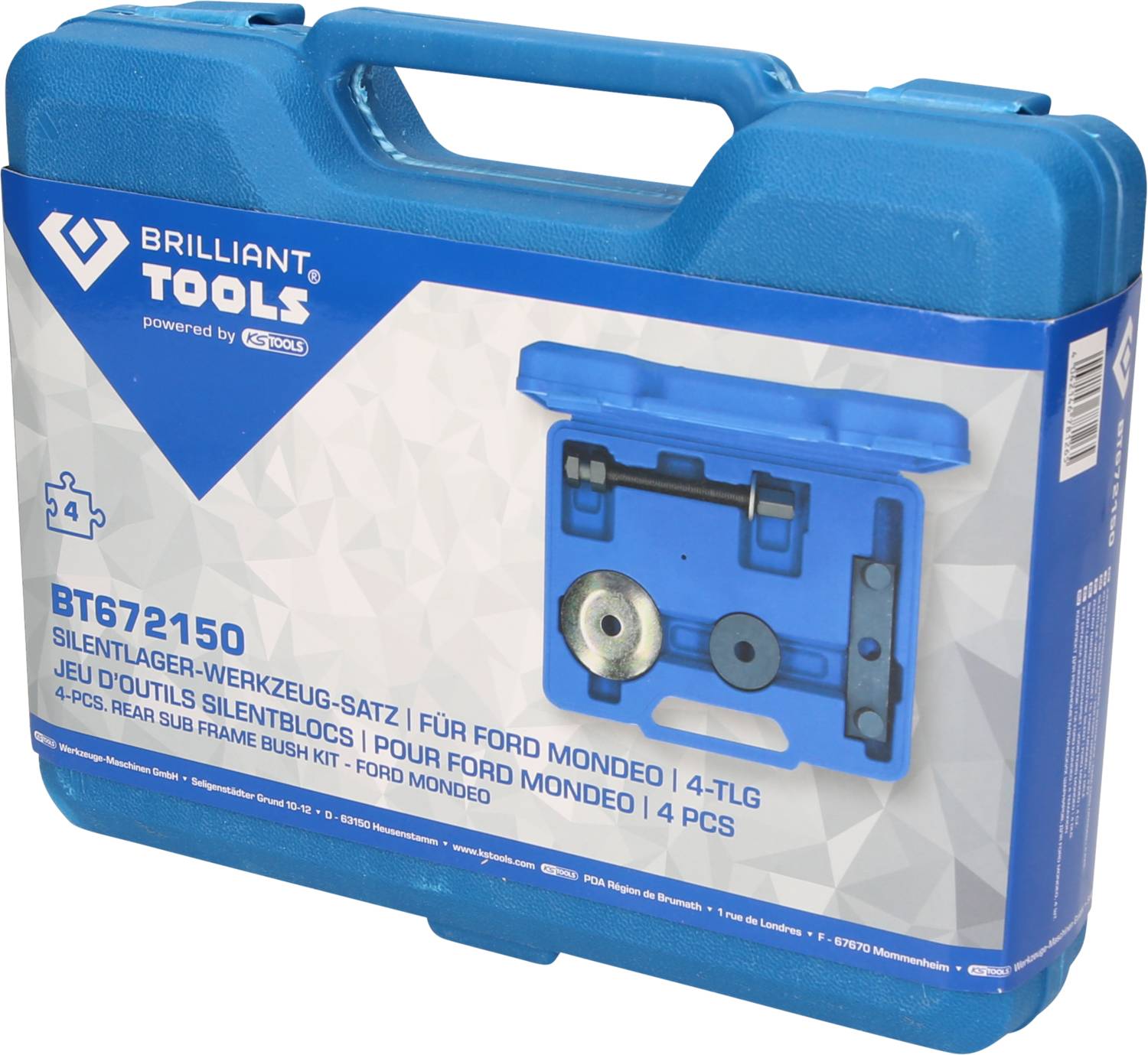 Blue case with the inscription 'Silent Bearing Tool Set for Ford Mondeo, 4-piece'. Contains tool insert and adapter.