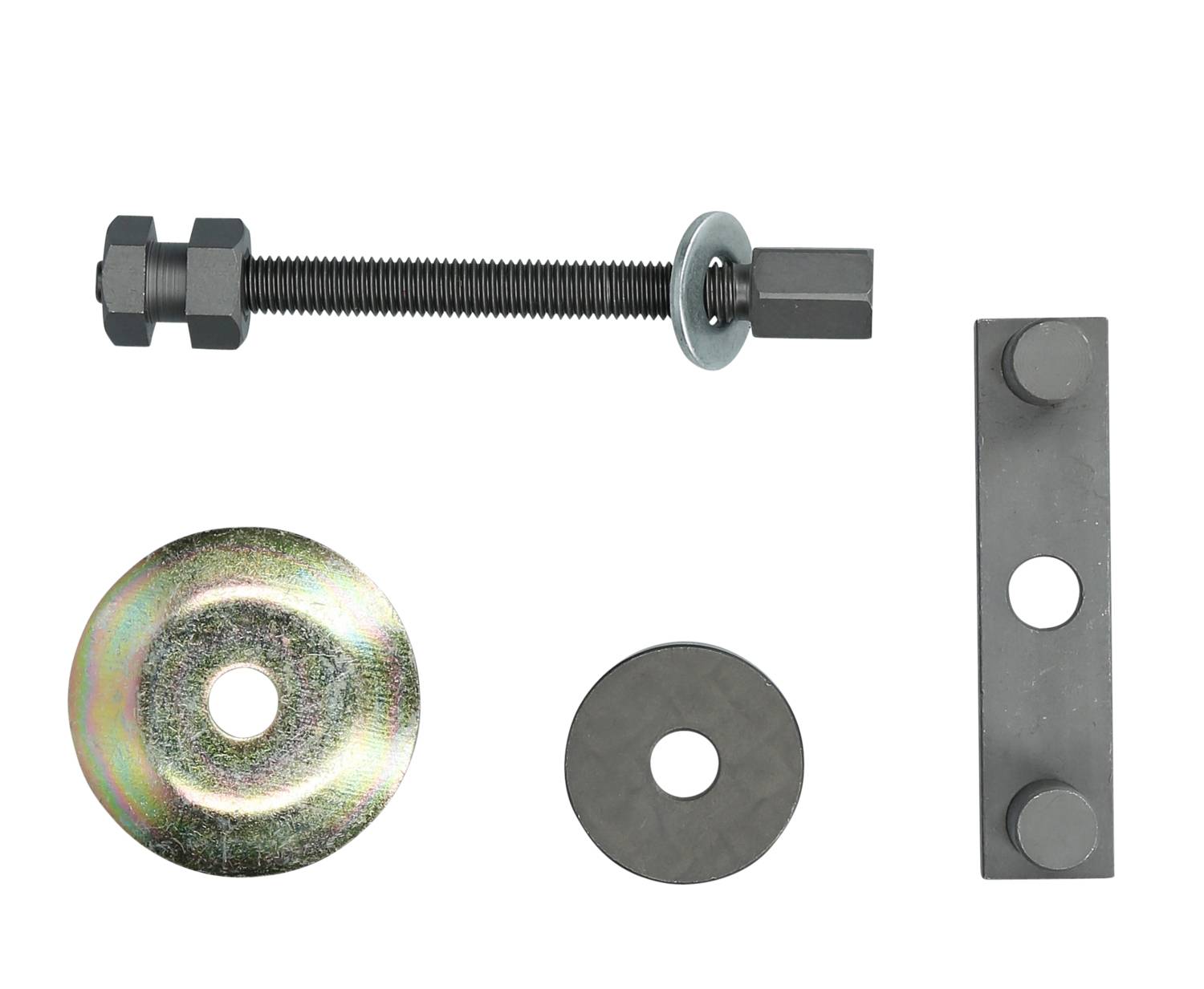 Screw set comprising a screw, nut, washers, and a perforated metal plate for fastening.