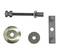 Screw set comprising a screw, nut, washers, and a perforated metal plate for fastening.