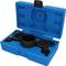 Blue toolbox with black metal components of various shapes and sizes, likely for mechanical work.