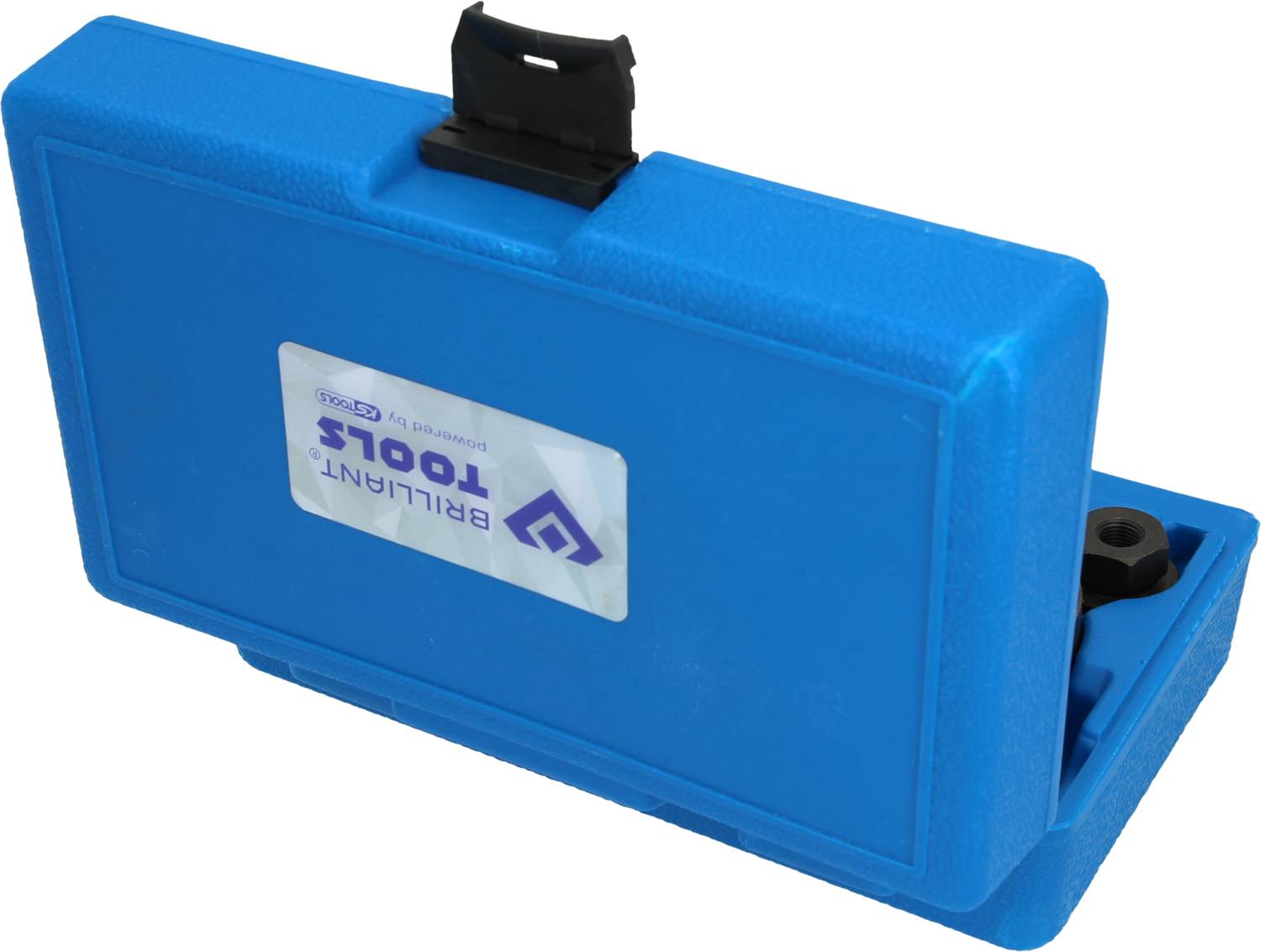 Blue toolbox with a black fastener that is partially open. 'Brilliant Tools' sticker on the front.