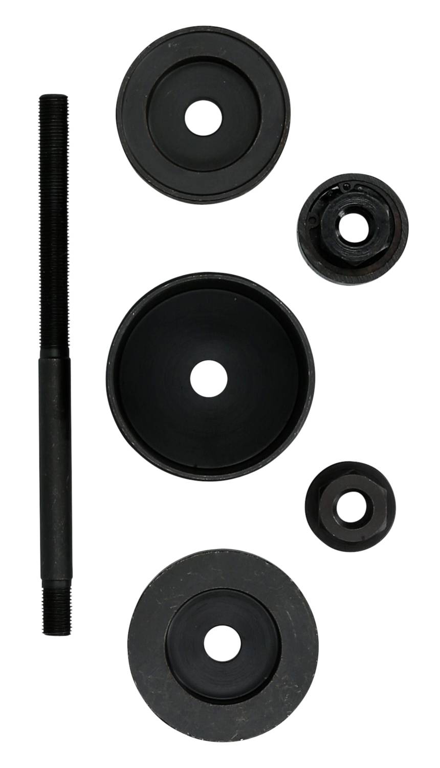 A set of black metal comprising various round discs and a straight rod, possibly part of a tool.