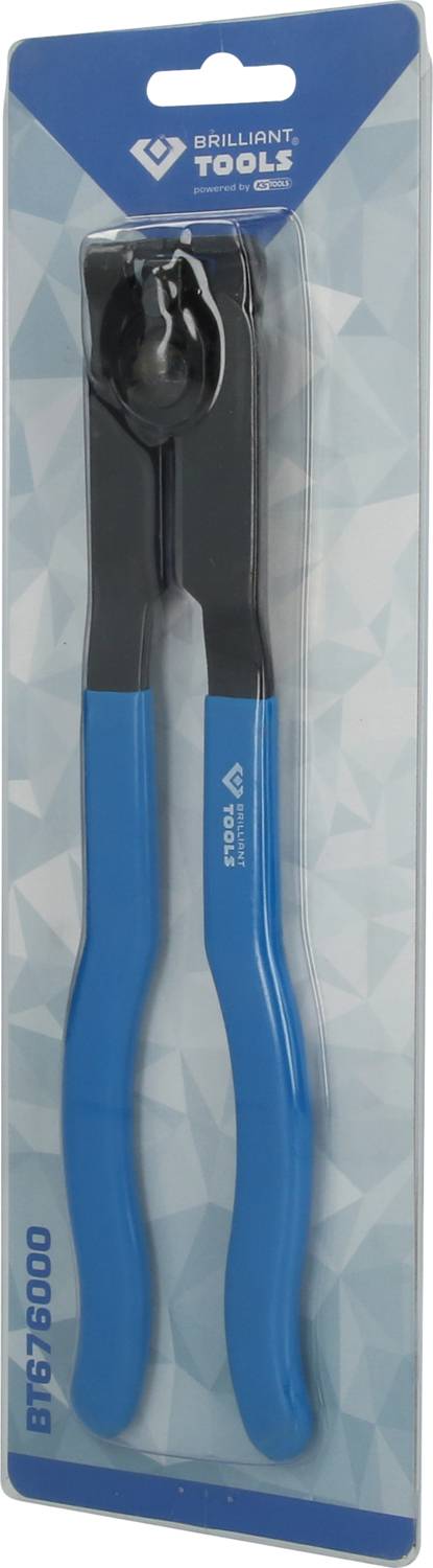 'Brilliant Tools Hose Clip Pliers' in blue-black, in a plastic package. Tool for secure installation and removal of clips.