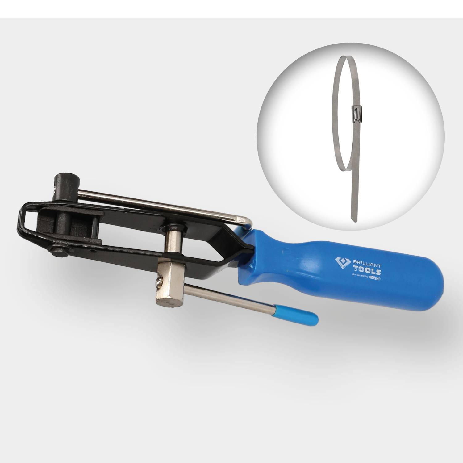 Metal band tensioning tool with a blue handle and a metal band. Tool for securing cable ties or metal loops.