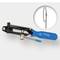Metal band tensioning tool with a blue handle and a metal band. Tool for securing cable ties or metal loops.