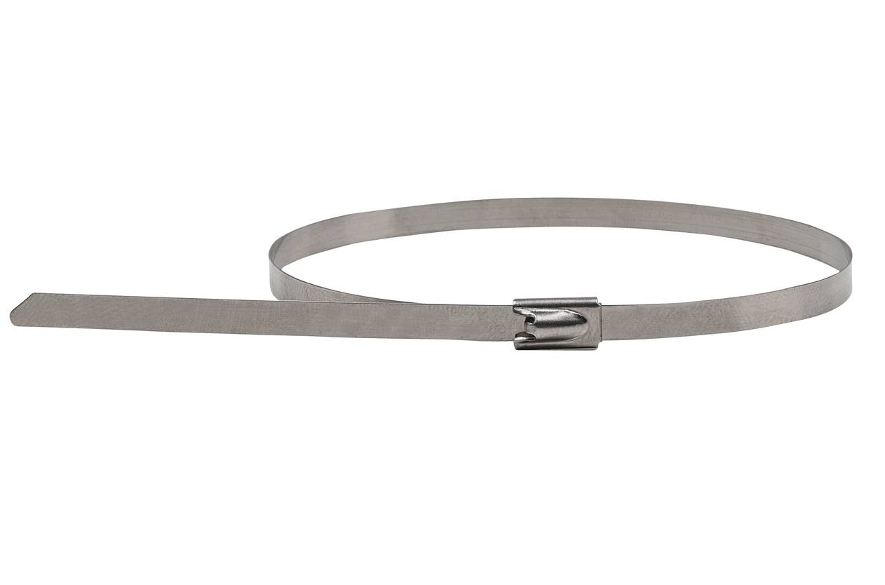 Silver metal tube clamp, partially closed, on a white background.