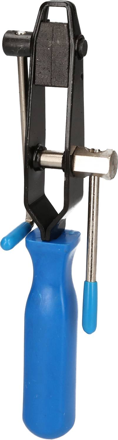 A tool with a blue handle and metal clips, most likely used for clamping or securing objects.