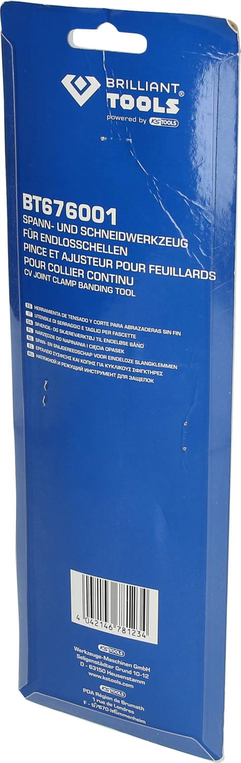 Packaging of a tensioning and cutting tool for continuous clamps by 'Brilliant Tools', model number BT676001.