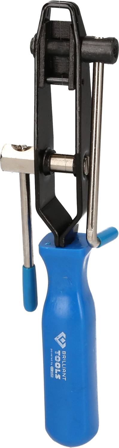 Tool with a blue handle and black lever, possibly a specialised tool for fixing or assembly, isolated on white.
