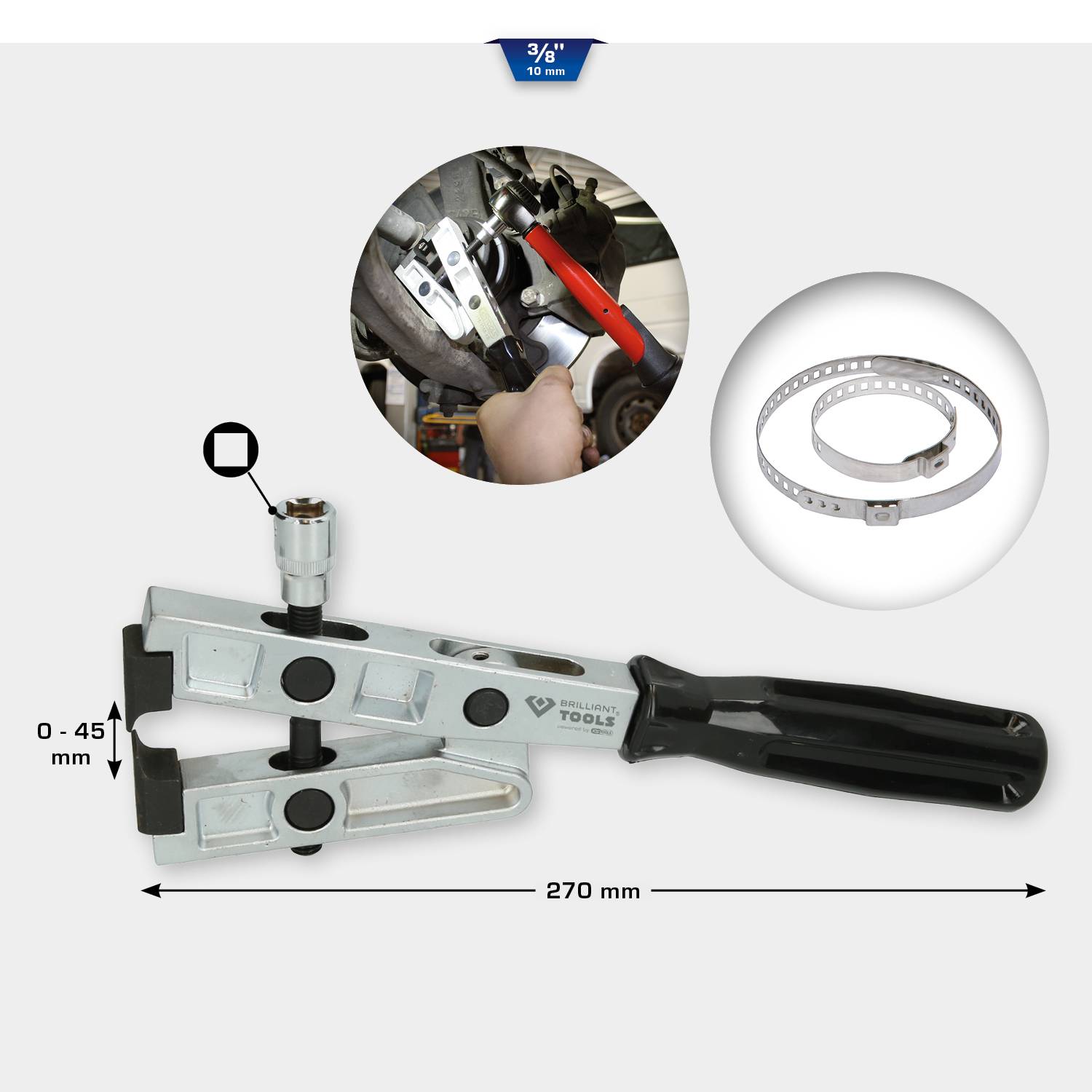Tool for installing metal band tension clamps, with dimensions of 270 mm in length. Shows application image and detail of the band.