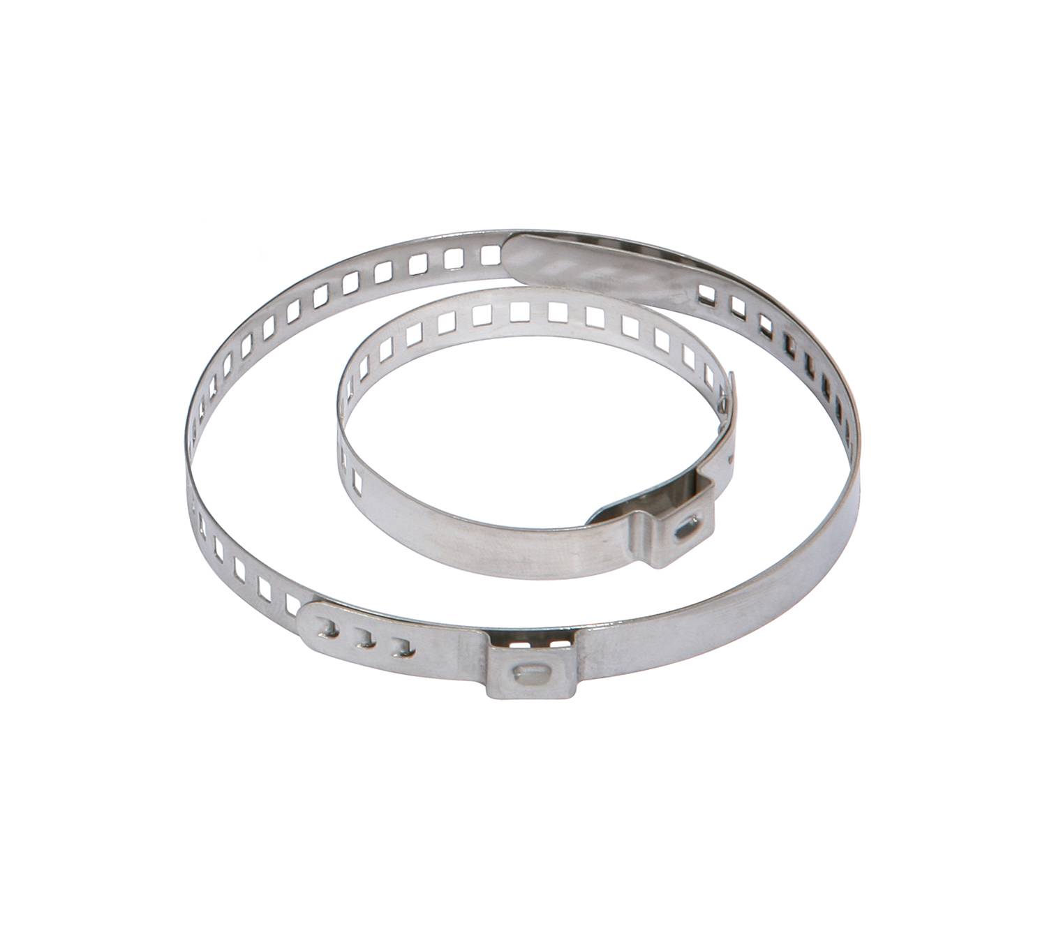 Two silver metal clamps of different sizes on a white background; presumably for securing pipes or hoses.