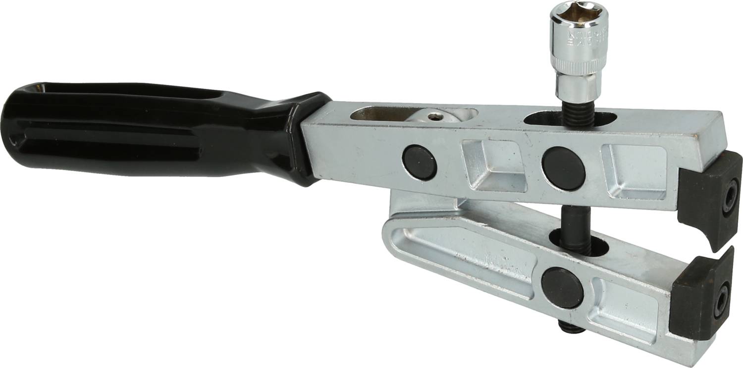 'Adjustable pin spanner with black handle, silver metal body and adjustable head, suitable for adjusting gaps or pipes.'